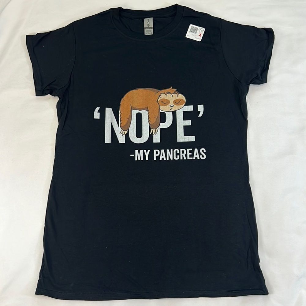 ‘Nope’ - My Pancreas Sloth Women’s Black Graphic Tee Size Large